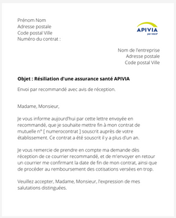 la lettre pour resilier une assurance sante apivia