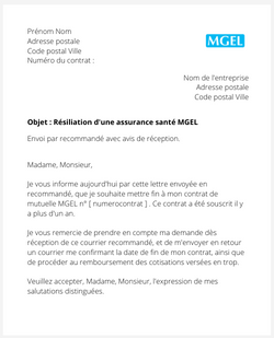 la lettre pour resilier une mutuelle mgel