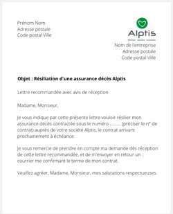 Lettre pour résilier une assurance décès Alptis