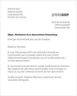 Résiliation d'un abonnement Prismashop