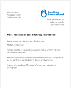 Lettre de résiliation de versements à Handicap International