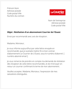 Résiliation d'un abonnement Le Courrier de l'Ouest