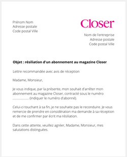 Lettre pour résilier un abonnement Closer