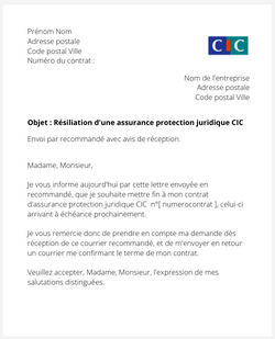 la lettre pour resilier une protection juridique cic