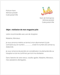 Lettre pour résilier son abonnement à Julie