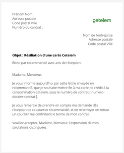 la lettre pour resilier une carte cetelem