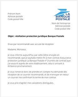 la lettre pour resilier une protection juridique la banque postale