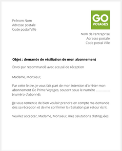 Lettre pour résilier Go Voyages Prime