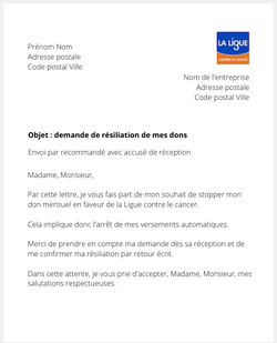 Lettre pour résilier des dons à la Ligue contre le cancer