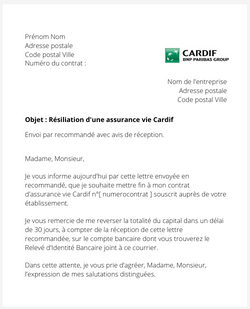 la lettre pour resilier une assurance cardif