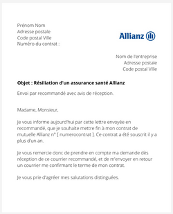 la lettre pour resilier une mutuelle allianz