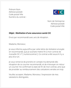 la lettre pour resilier une mutuelle cic