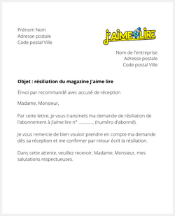 Lettre pour résilier J'aime lire