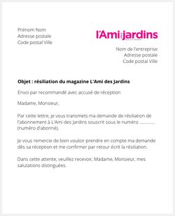 Lettre pour résilier L'Ami des Jardins