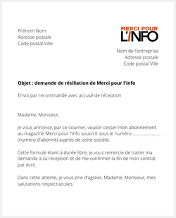 Lettre pour résilier Merci pour l'info