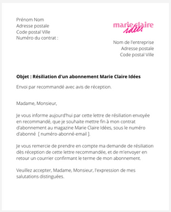 La résiliation d'un abonnement Marie Claire Idées