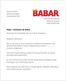 Lettre pour résilier un abonnement à Babar