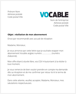 Lettre pour résilier Vocable