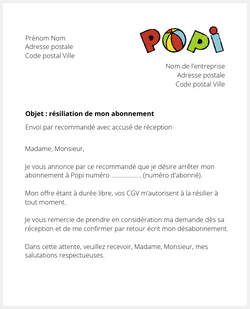 Lettre pour résilier Popi