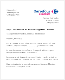 la lettre pour resilier une assurance habitation carrefour