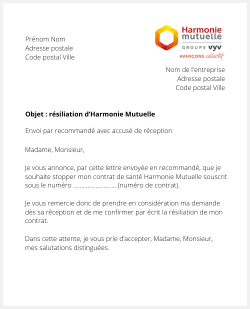 la lettre pour resilier une complementaire sante harmonie mutuelle