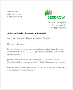 Lettre pour résilier Iberdrola