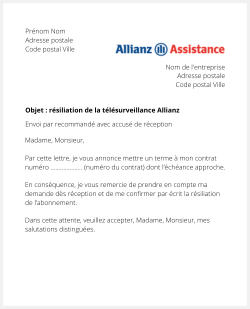 Lettre pour résilier Allianz Télésurveillance