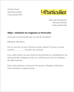 Lettre pour résilier Le Particulier