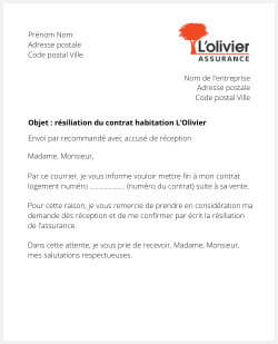 Lettre de résiliation d'un contrat logement L'Olivier