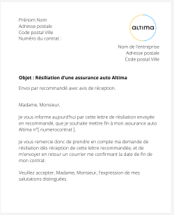 La résiliation d'un contrat auto Altima