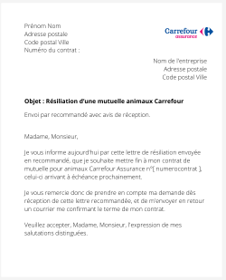 la lettre pour resilier une mutuelle animaux carrefour