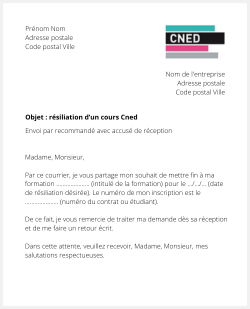 Courrier de résiliation du Cned