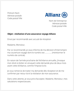 lettre pour resilier une assurance voyage allianz travel