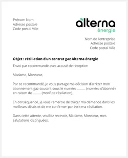 lettre resiliation gaz alterna