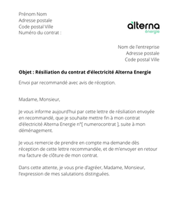 la lettre pour resilier un abonnement delectricite alterna