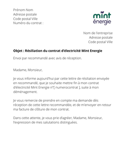 la lettre pour resilier un contrat delectricite mint energie