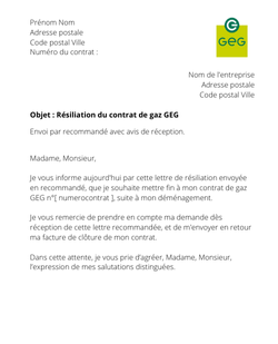 la lettre pour resilier une offre de gaz geg